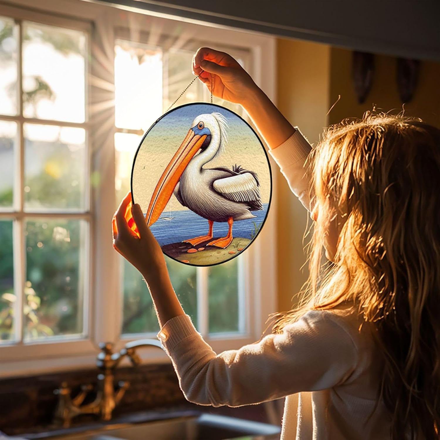 Stained Glass Window Hanging 10in Window Suncatcher Glass Panel with Metal Chain Pelican Birds Sun Catchers Wall Art Home Decor Gift for Women Mother's Day