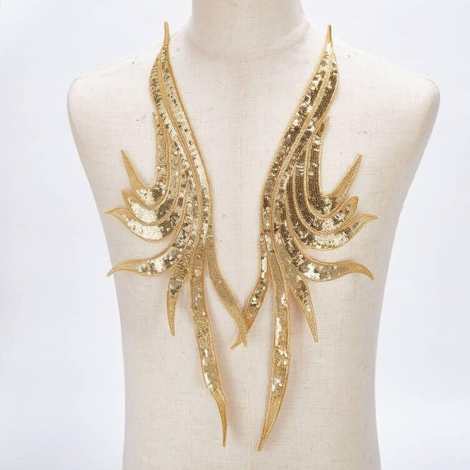 MAYJOYDIY1 Pair Gold Sequin Flower Lace Embroidery Appliques Lace Fabric Embroidered Gown Patch Polyester for DIY Sewing Crafts Cheongsam Wedding Dress Clothing Decoration