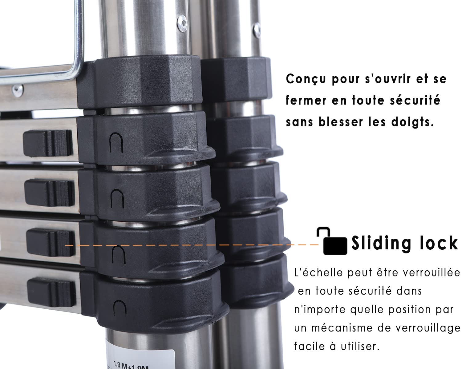 Échelles Coulissantes 3,8m avec stabilisateur, Échelle télescopique Portable et Pliante Antidérapante Escabeau Échelle pour Travail Domestique et Extérieur, Capacité de 330lbs Argent
