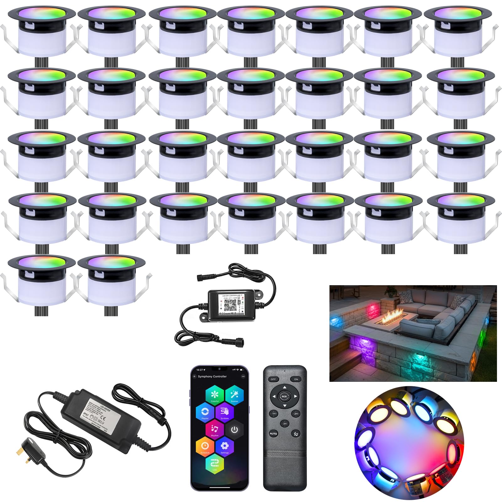GEYUEYA Home Smart LED Decking Lights RGBW+IC Color Change Deck Light Waterproof IP67 diameter 45MM 12V LED Ground Lights with Remote Control for Terrace/Patio/Festival/Decoration