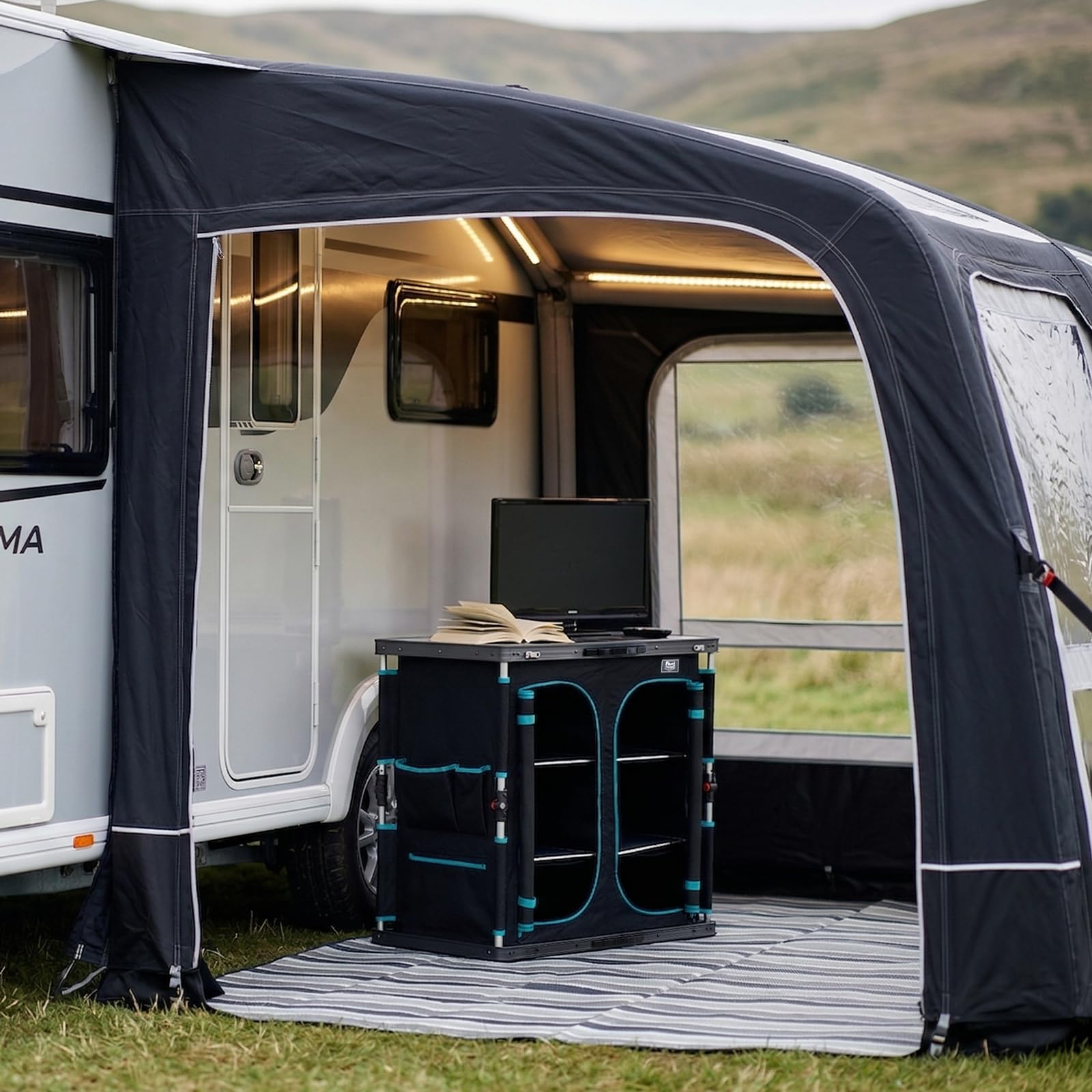 TIMBER RIDGE Armario de almacenamiento para camping, unidad de cocina plegable para camping, muebles portátiles para exteriores con 6 compartimentos de almacenamiento y mesa grande, marco de aluminio