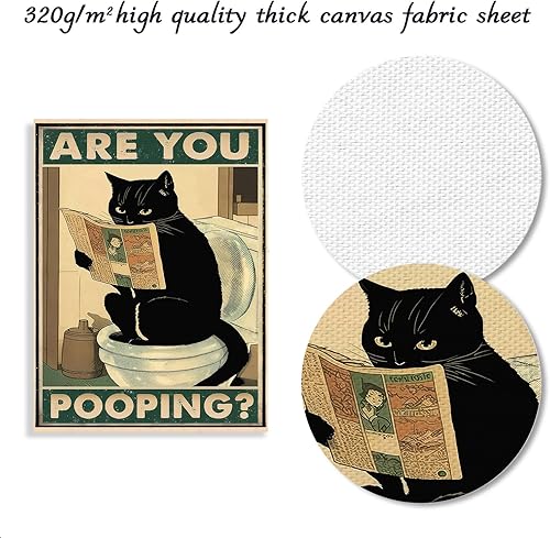 Miniatura 6 de Divertido arte de pared de gato negro con texto en inglés "Are You Pooping", letrero vintage de gato sentado en el inodoro, póster de periódico para