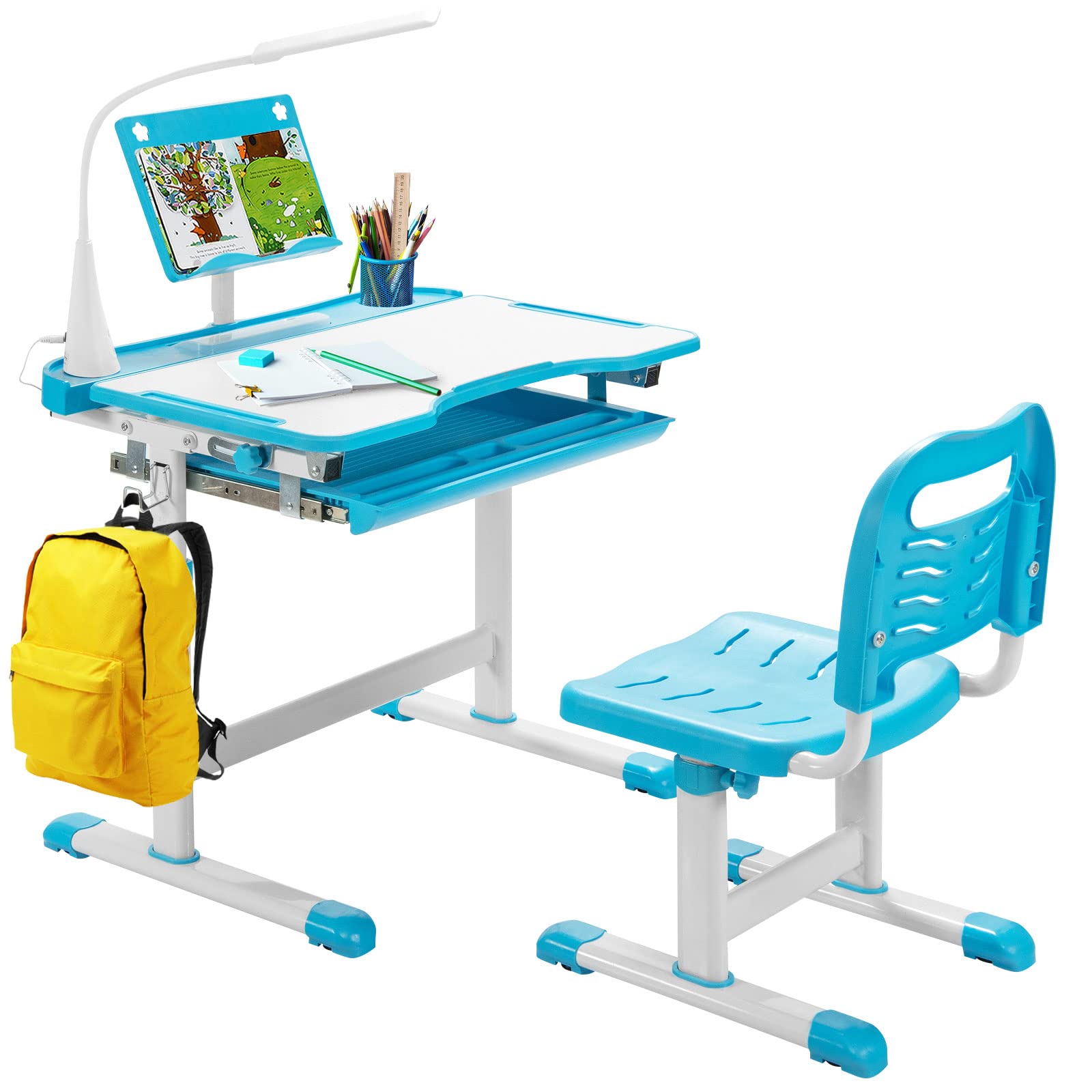 RELAX4LIFE Set Tavolo e Sedia per Bambini, Superficie di Lavagna Inclinabile con Ripiano Organizer Scorrevole, Scrivania con Lampada a LED e Leggio Regolabili, Scrivania e Sedia Multiattività (Blue)