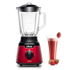 Ufesa Amber Red Batidora de Vaso Compacta, 900W, Jarra de Cristal 0.8L, 2 Velocidades + Pulse, 4 Cuchillas de Acero Inoxidable, Cierre Hermético, Libre de BPA, Inox Rojo
