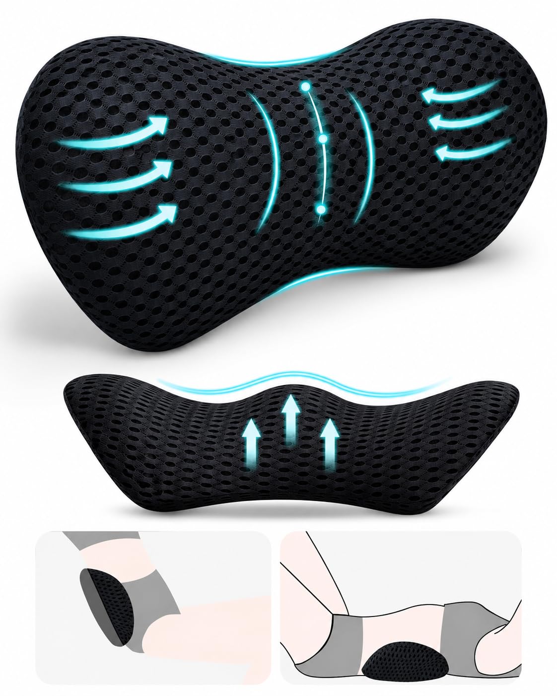 NKFOOPDU Lumbar Support Pillow for Lower Back Pain Relief โ Ergonomic Streamline Memory Foam Cushion for Office Chair, Car Seat, Gaming, Recliner and Sleeping (Black)