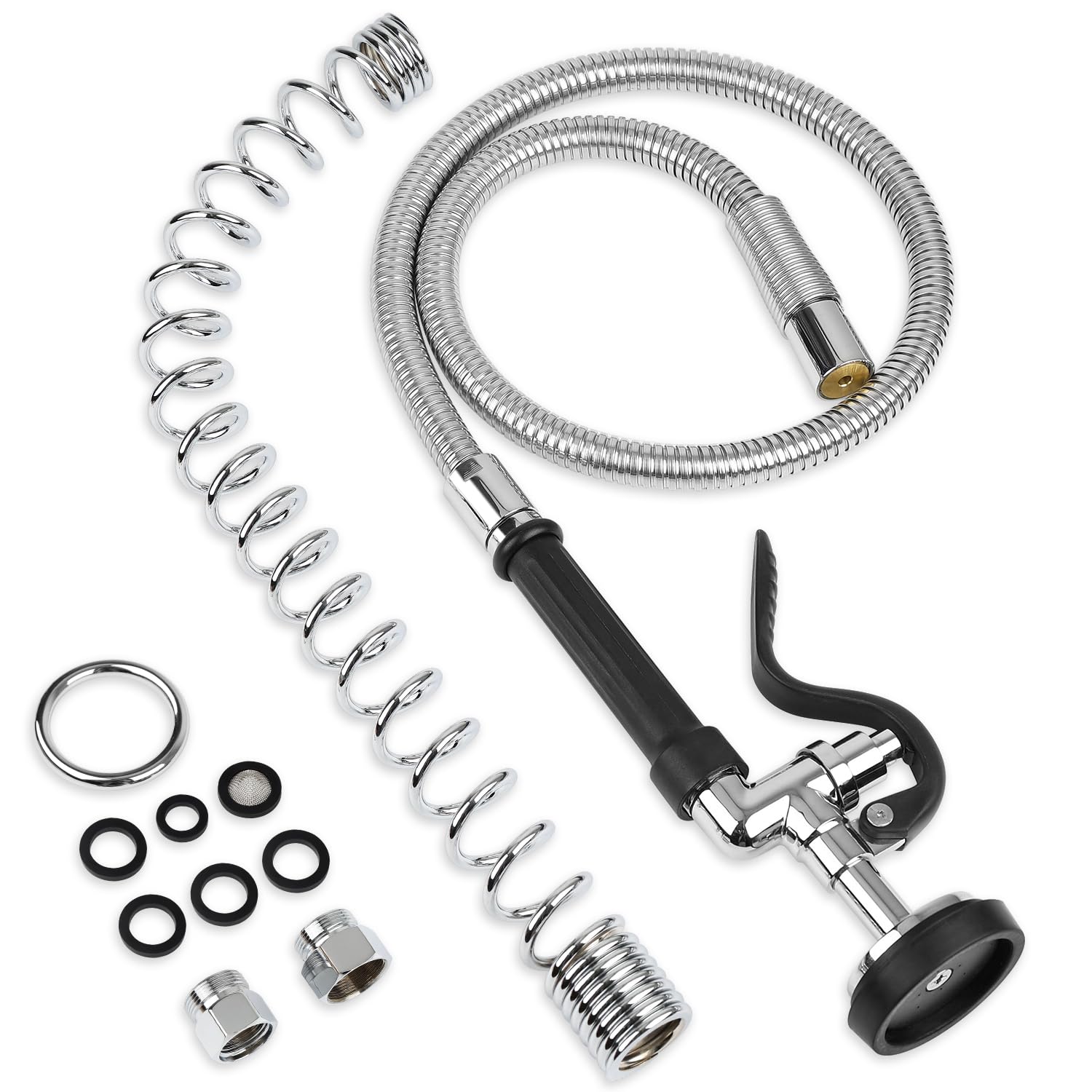 Válvula de pulverización con manguera flexible de acero inoxidable de 44 pulgadas y resorte superior de preenjuague, manguera flexible de grifo comercial con kit de repuesto de cabezal de