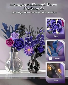 Mavo brix Purple Flowers Bouquet Building Set Purple Roses Bouquet Clamp Building Blocks Flowers Flowers Construction Toy Set for Adults Botanicals Home Decoration Women Men