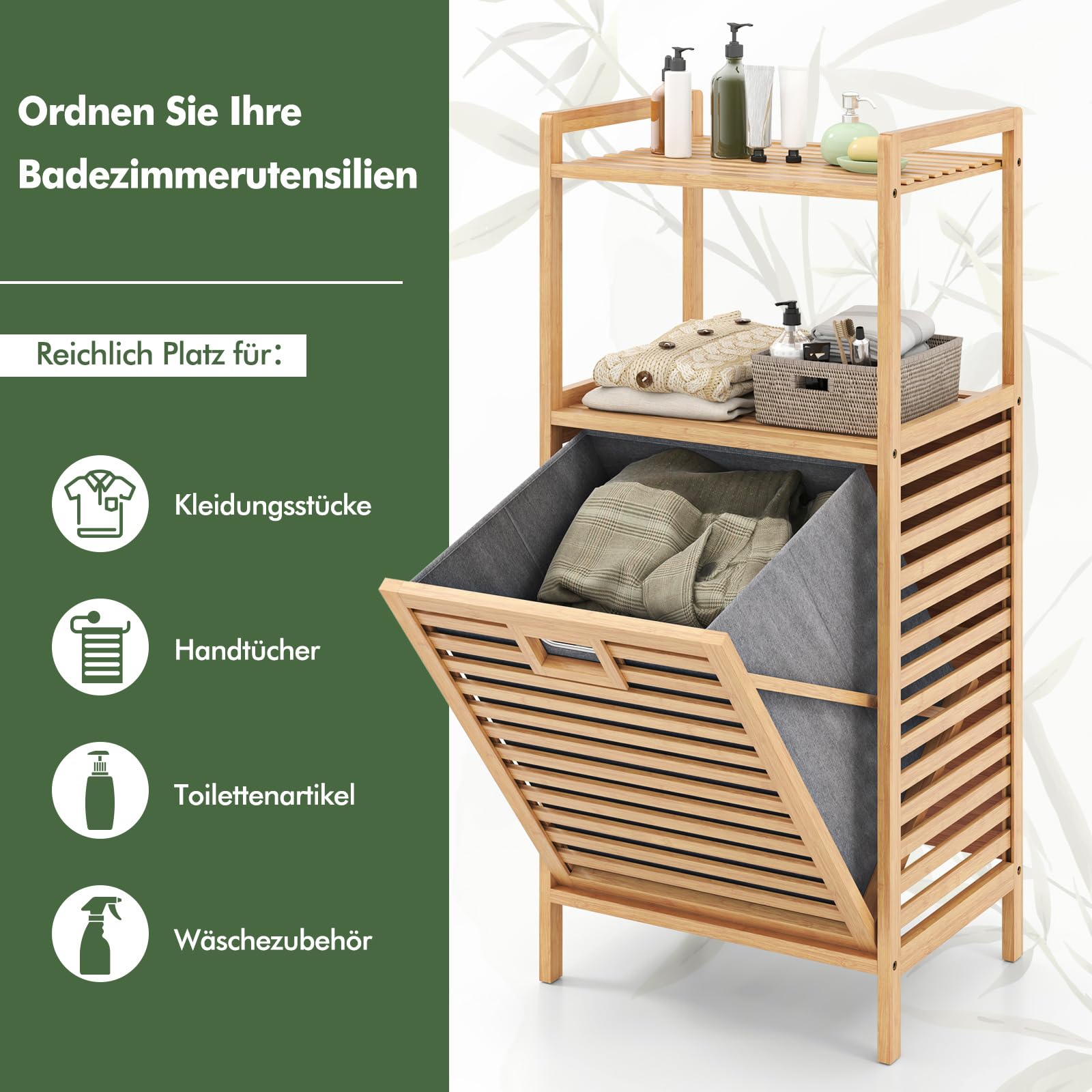 COSTWAY Badregal mit Wäschekorb, Regal aus Bambus, Badschrank mit 2 Ablagen & Ausklappbarer Korb aus Stoff, Wäschesammler für Badezimmer, Waschküche, Natur, 43,5 x 33 x 96 cm