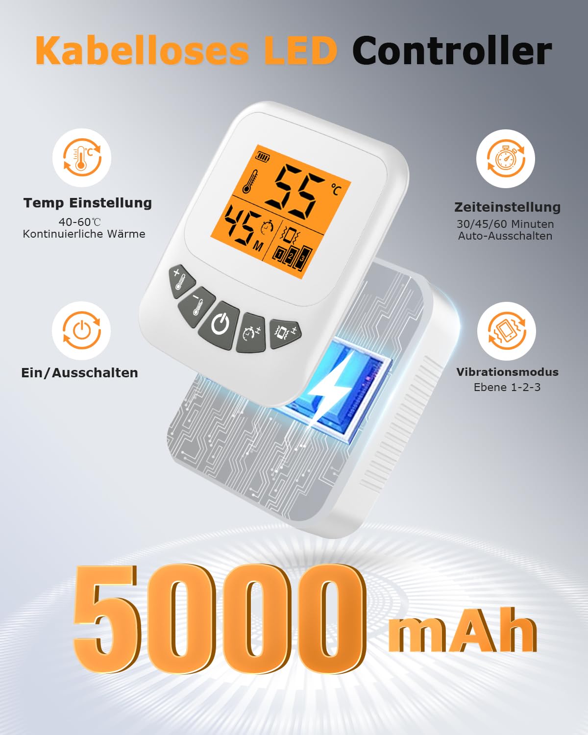 JOBYNA Wärmegürtel Vibrationsmassage für Rücken, 5000mAh Kabellos Elektrisches Heizkissen Massagegerät, 40-60℃ mit Abschaltautomatik, 3 Vibrationsintensität Wärmekissen für Bauch, Schultern(68*22cm)
