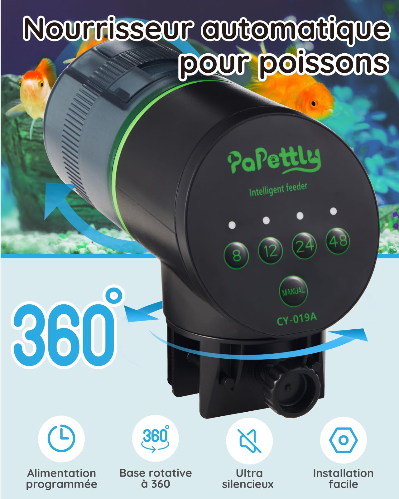 Papettly Distributeur automatique de nourriture pour poissons d'aquarium fonctionnant avec piles - 200 ml - 2 piles AAA incluses