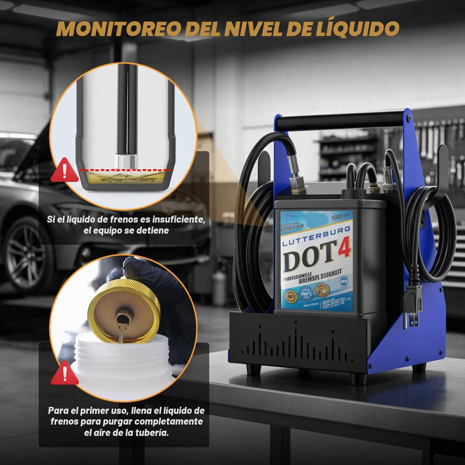F109 Purgador de frenos de coche eléctrico con automático de un botón | Equipo cambiador de líquido de frenos por impulsos, 3 adaptadores de aluminio para depósito principal, regulable 0,5–2,5 Bar