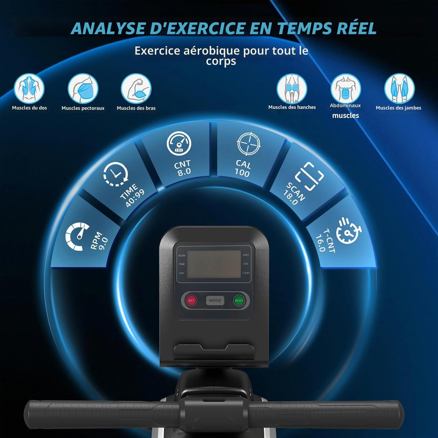 Dskeuzeew Rameur pliable pour la maison avec résistance hydraulique pour tout le corps Appareil de fitness Moniteur LCD Max 150 kg