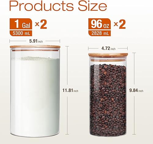 Miniatura 2 de HomArtist Tarros de vidrio con tapas de bambú de 180 onzas, 2 unidades, 2 de 96 onzas, 3 x 3 de 79 onzas y 4 de 53 onzas (11 unidades), recipientes