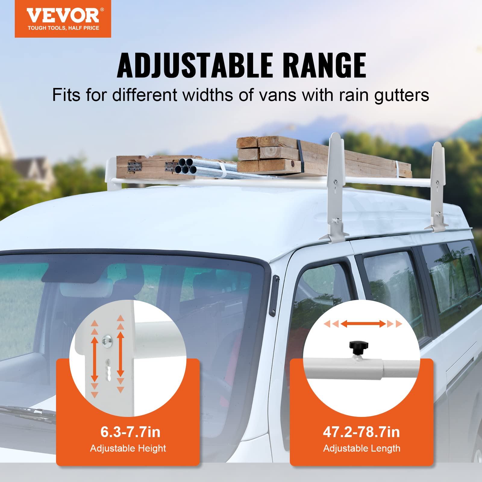 VEVOR Portaequipajes de Techo para Furgoneta 2 Barras Portaequipajes de Acero de Aleación 227 kg Ajustable 120-200 cm para Furgonetas de Tamaño Completo con Canalón Compatible con Chevrolet Express