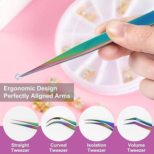 Miniatura 5 de Juego de 4 pinzas para extensiones de pestañas, juego de 4 pinzas coloridas de acero inoxidable para extensión y eliminación de pestañas, pinzas