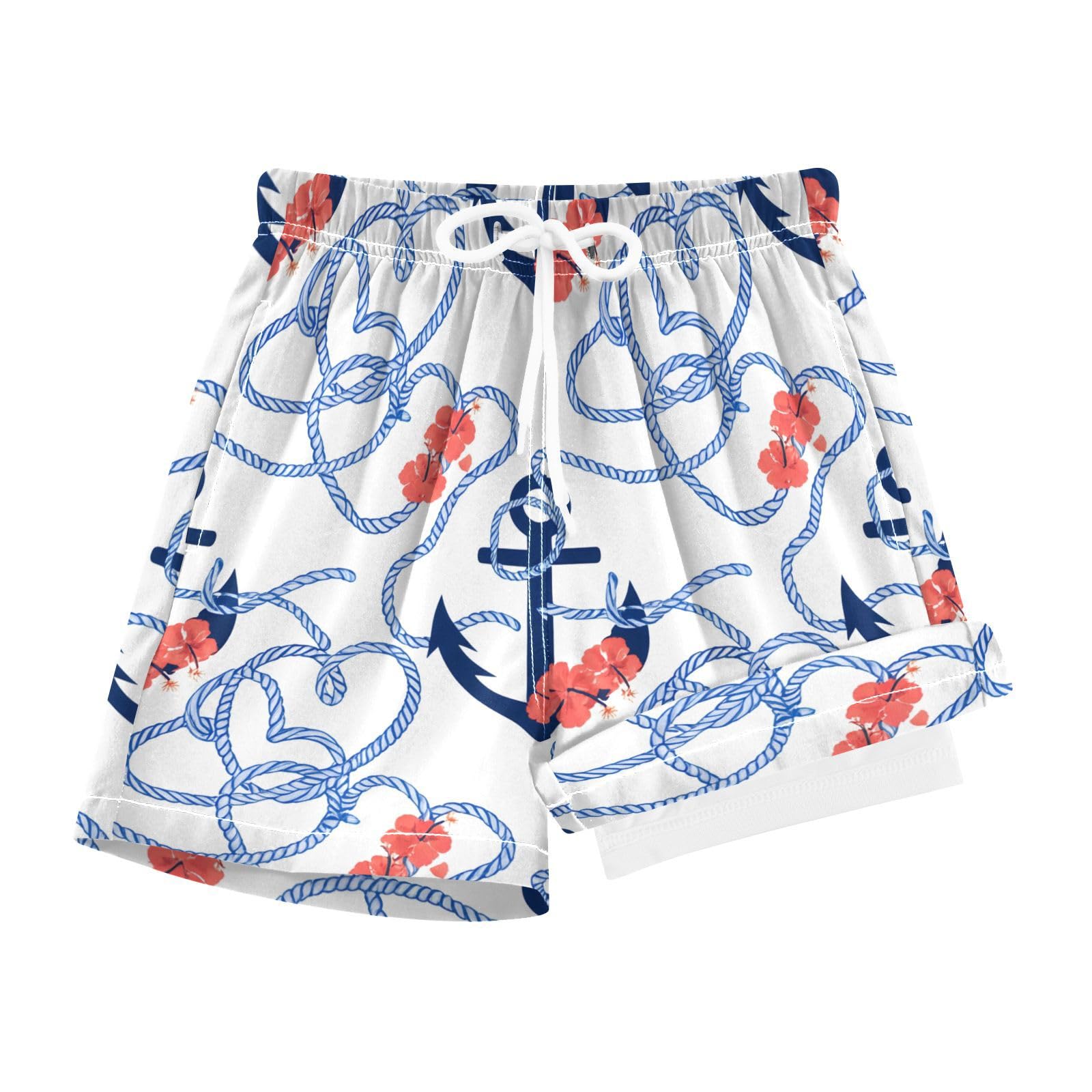 YANENDIE Boy Swim Trunks with Compression Liner Nautical Hibiscus Anchors Boys Swim Shorts Quick Dry Beach Shorts