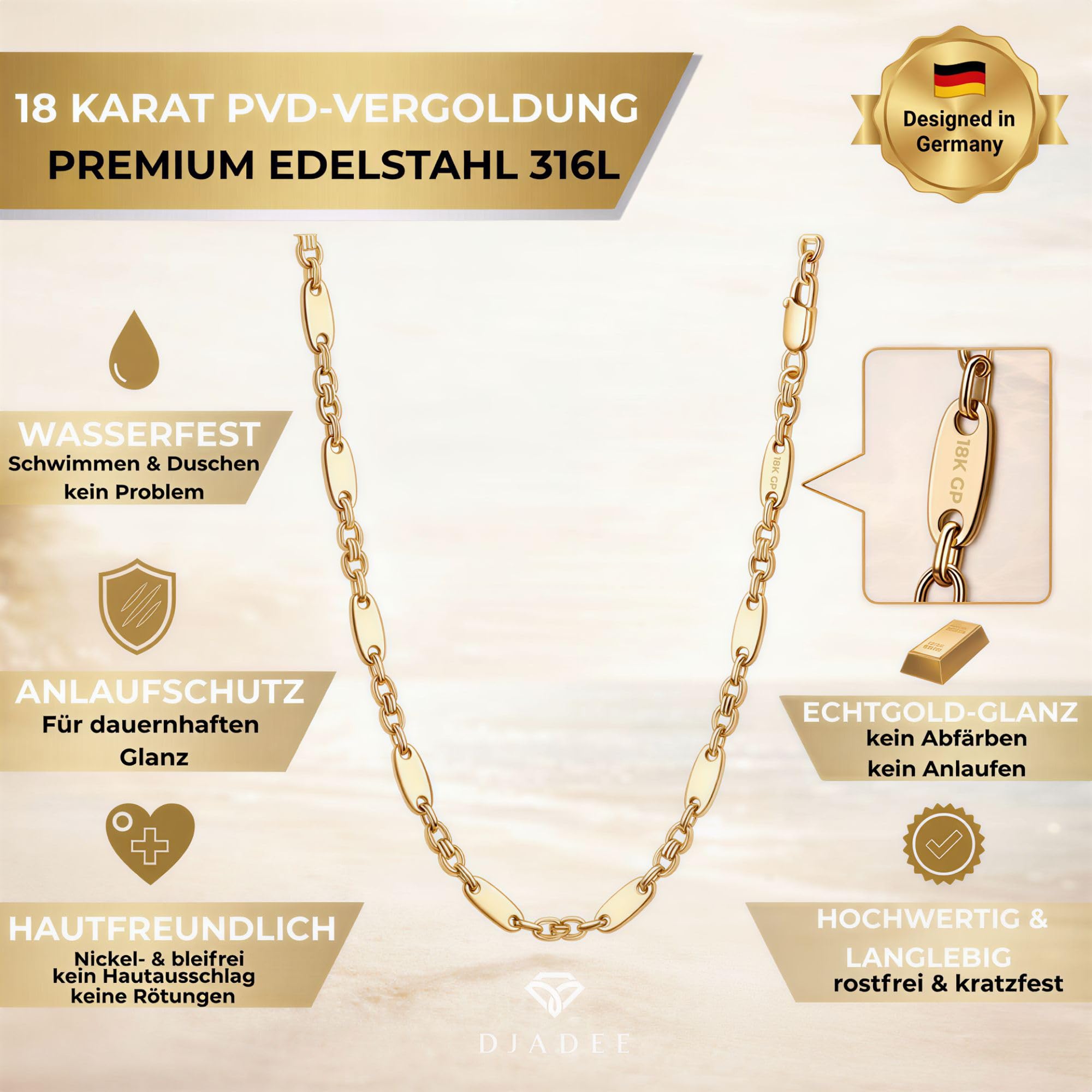 DJADEE Herren Kette Gold 750 vergoldet Premium Edelstahl 316L Plattenkette 5/8/10/12 mm Wasserfest Hypoallergen Hochglanzpoliert Geschenk für Männer Halskette Steigbügelkette 18 Karat gestempelt