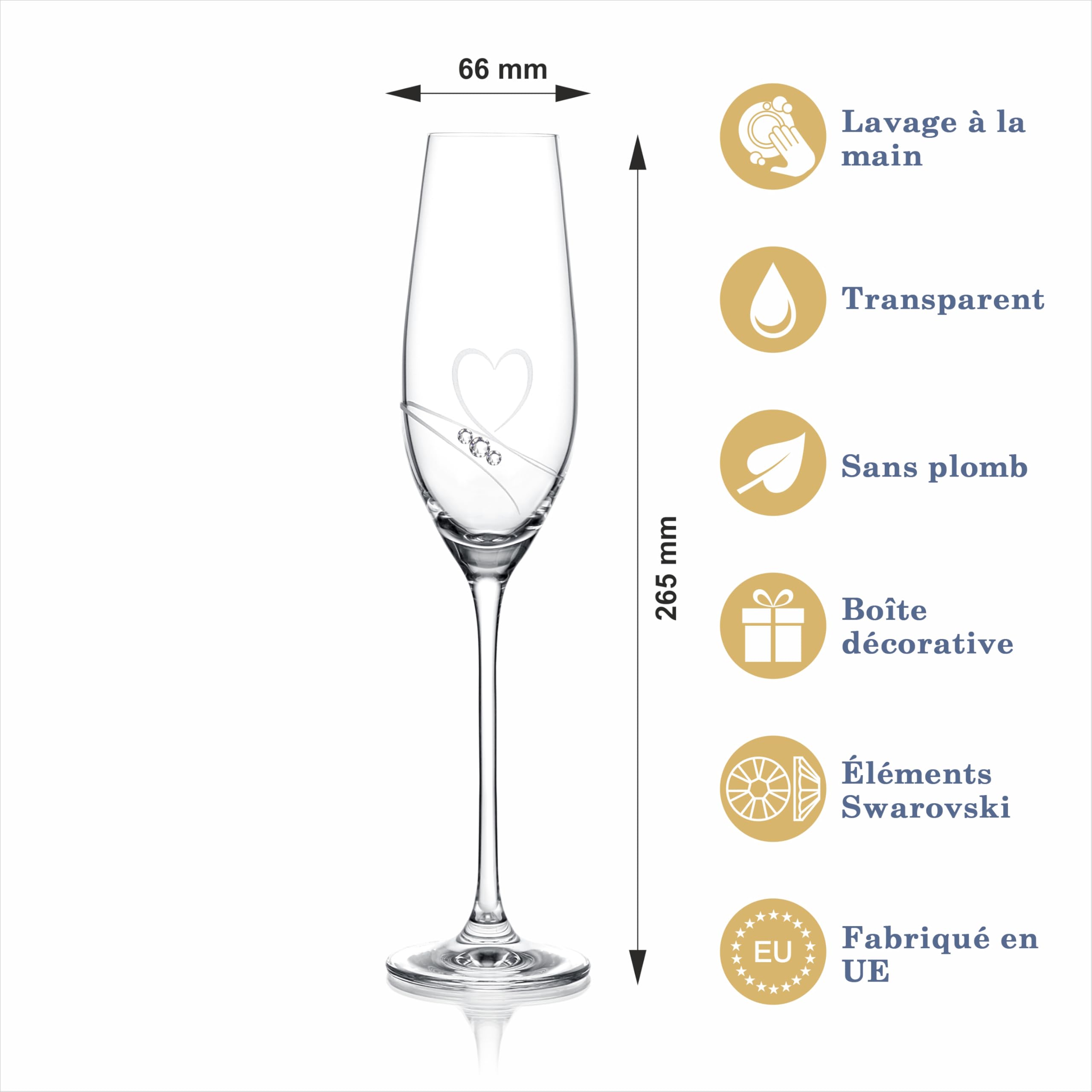 Essence of Love Lot de 2 flûtes à champagne modernes, élégantes, sans plomb, avec cœur gravé et détails en cristal de qualité supérieure, fabriqués à la main en UE, 210 ml