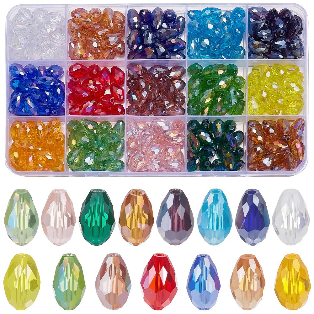SOFPLATE 1 Box 15 Colors 300Pcs Faceted Teardrop Glass Beads Teardrop Crystal Beads Bulk Colorful Shiny Transparent Suncatcher Spacers for Jewellery Making Findings Bracelet Earrings DIY Crafts Adults