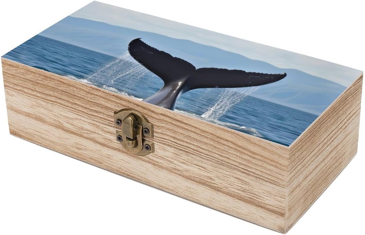 Whale Tail Memory Jewelry Wooden Box, Large Wooden Treasure Chest Boxes with Hinged Lid, Photos Storage Case for Women Men, Wooden Keepsake Box, 7.9'' X 3.9'' X2.3''