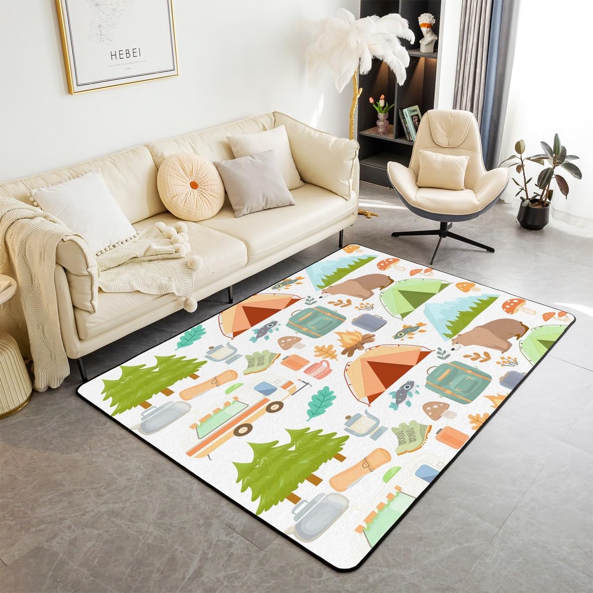 Cute Camper Car Area Rug 3x5, Hamppy Camping Living Room Rugs for Bedroom, Woodland Bear Hunting Theme Carpet, Camper Accessories Area Rugs, Travel