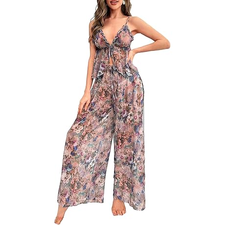 Women's Sheer Mesh Pajama Set: Floral Print Comfort