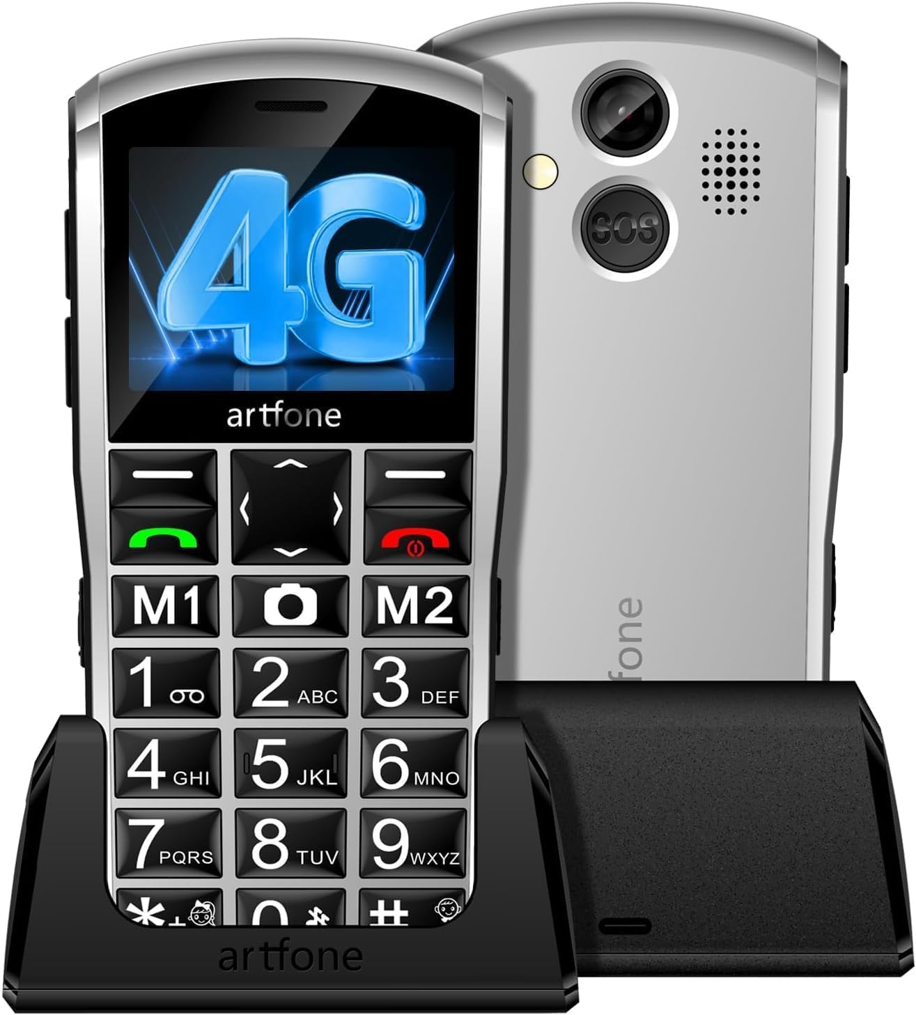 Front view of the artfone A400 mobile phone, showing the screen and large keypad.
