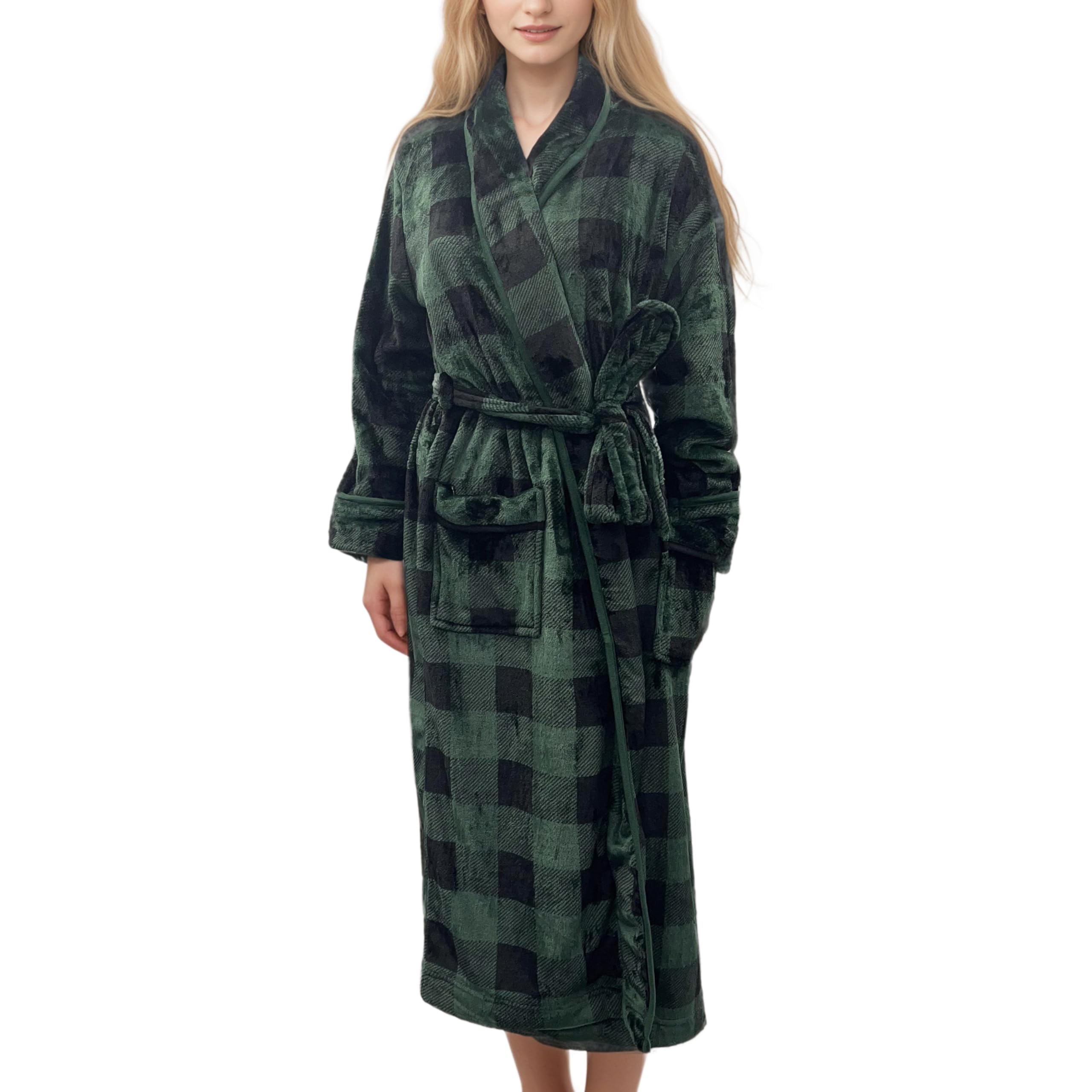 Elegant Comfort Luxurious Womens Spa Plush Fleece Bathrobe with Shawl Collar and Pockets - Velvet Soft Fluffy, Warm Long Robe