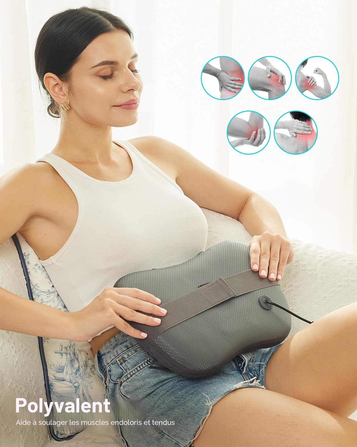 ALLJOY Coussin de Massage Sans Fil, Masseur Dos Chauffrant avec 4 Nœuds et 3 Vitesses Réglable, Appareil de Massage Shiatsu Nuque Cou Cervical, Cadeau pour Femme Homme pour Maison Bureau Voiture