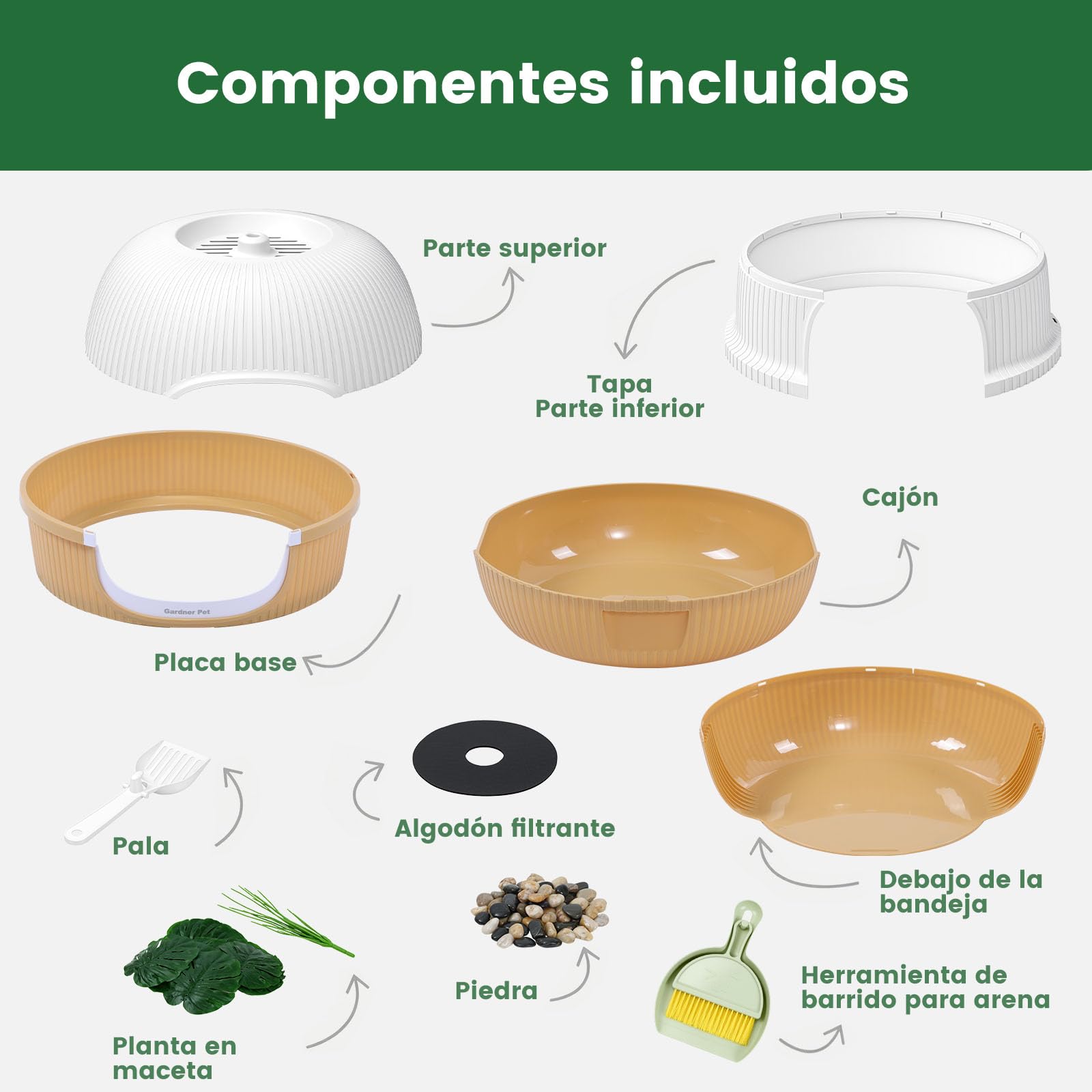 Gardner Pet Arenero Gato con Planta Artificial y Pala-Café Claro | Incluye Filtro de Carbón Activado Anti-Olores, Fácil de Rellenar, Limpiar y Mantener, Diseño a Prueba de Fugas