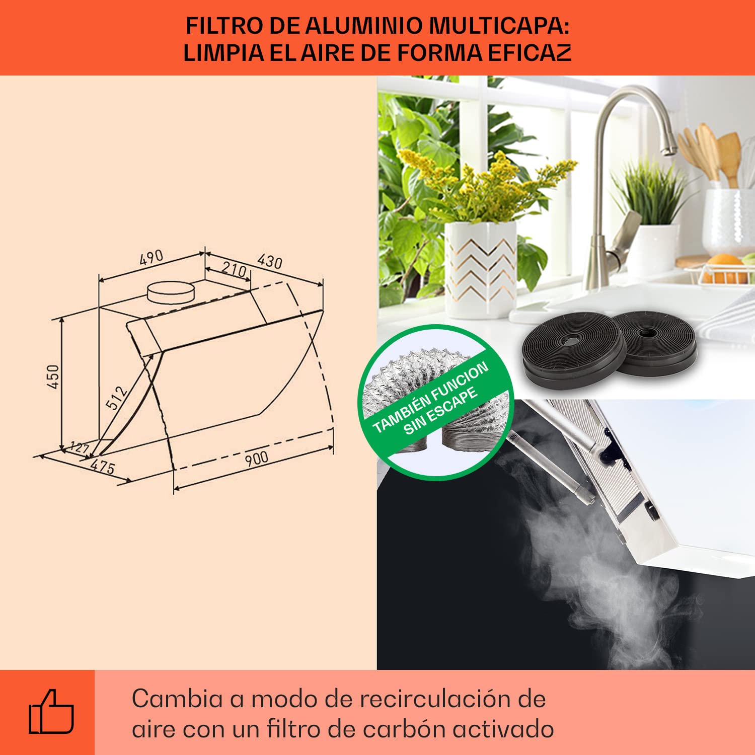 Klarstein Clara Campana Extractora 90 cm Angular, Campanas Extractoras, Extractor Cocina con Filtro Aluminio para Grasa, Apto Lavavajillas, Flujo de aire de 590m³/h, Luz LED RGB, Bajo Consumo Clase A