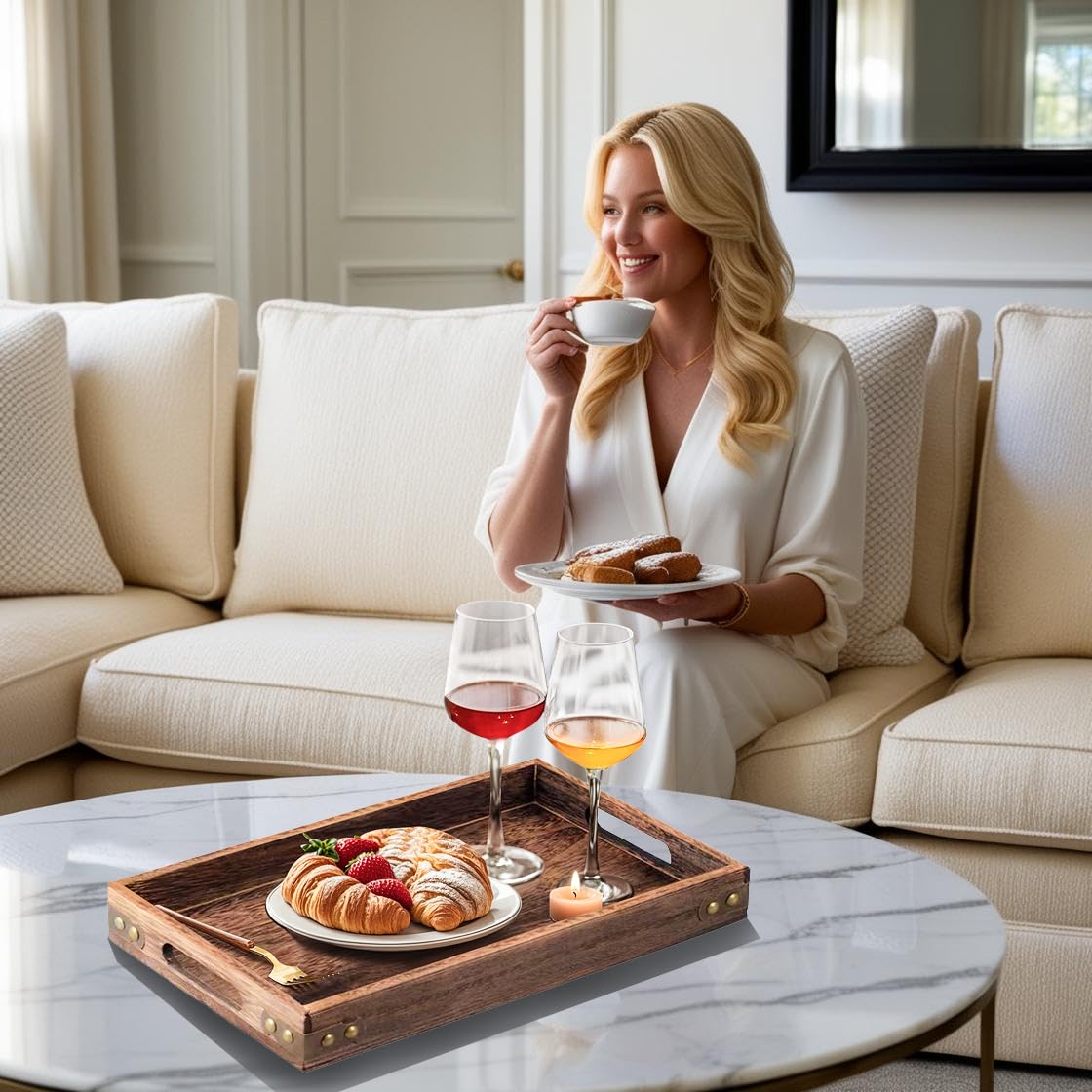 Bandeja de servir de madera rústica de 18.1 pulgadas con asas, bandeja de desayuno, bandeja de madera decorativa para comer, trabajar, almacenar, utilizada en dormitorio, cocina, sala de estar, baño y