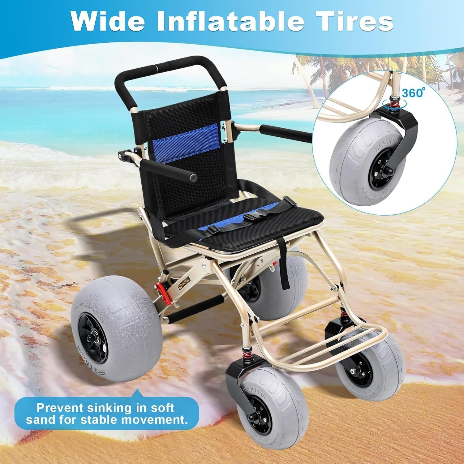 All-Terrain Beach Rollstuhl mit Ballonreifen - Klappstuhl für weichen Sand, Gras, Kies und Wasser - kompakt und reisefreundlich für ältere Menschen