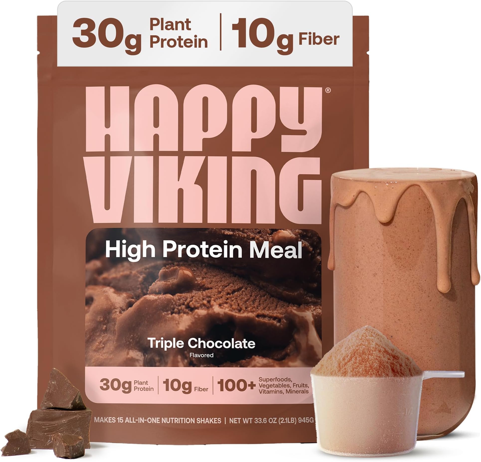 - Happy Viking Plant-Based Protein Powder +100 Superfoods Chocolate Meal Replacement Shake, Created by Venus Williams, 30g Plant Protein, 10g Fiber, Vegan, Gluten-Free, Non-GMO,15 Meals