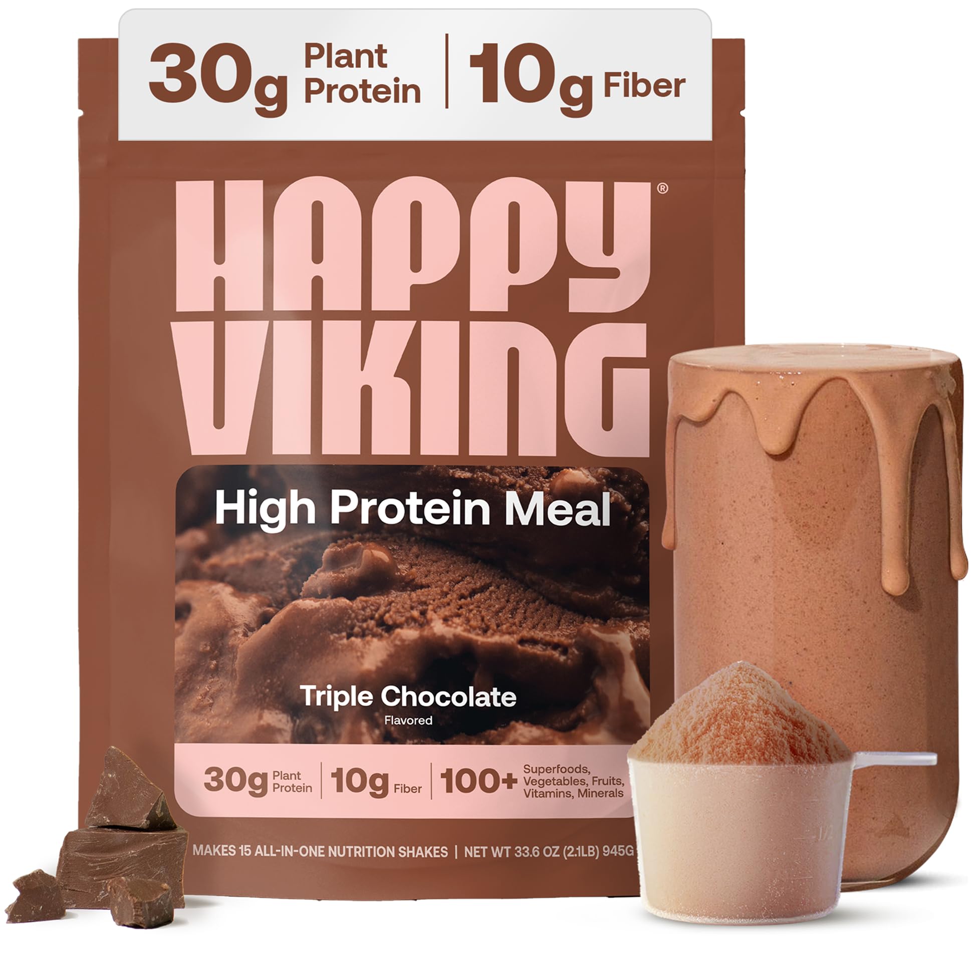 Happy Viking Plant-Based Protein Powder +100 Superfoods Chocolate Meal Replacement Shake, Created by Venus Williams, 30g Plant Protein, 10g Fiber, Vegan, Gluten-Free, Non-GMO, 15 Meals