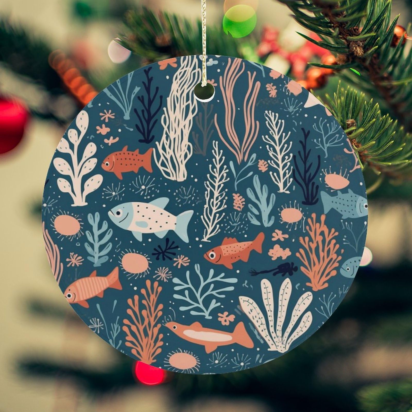 Corals and Plants Christmas Ornament for Christmas Tree Ceramic Round Ornament Winter Holiday Keepsake Gift 2.7" Christmas Tree Hanging Decorations Circle Ceramic Pendant Xmas Gift