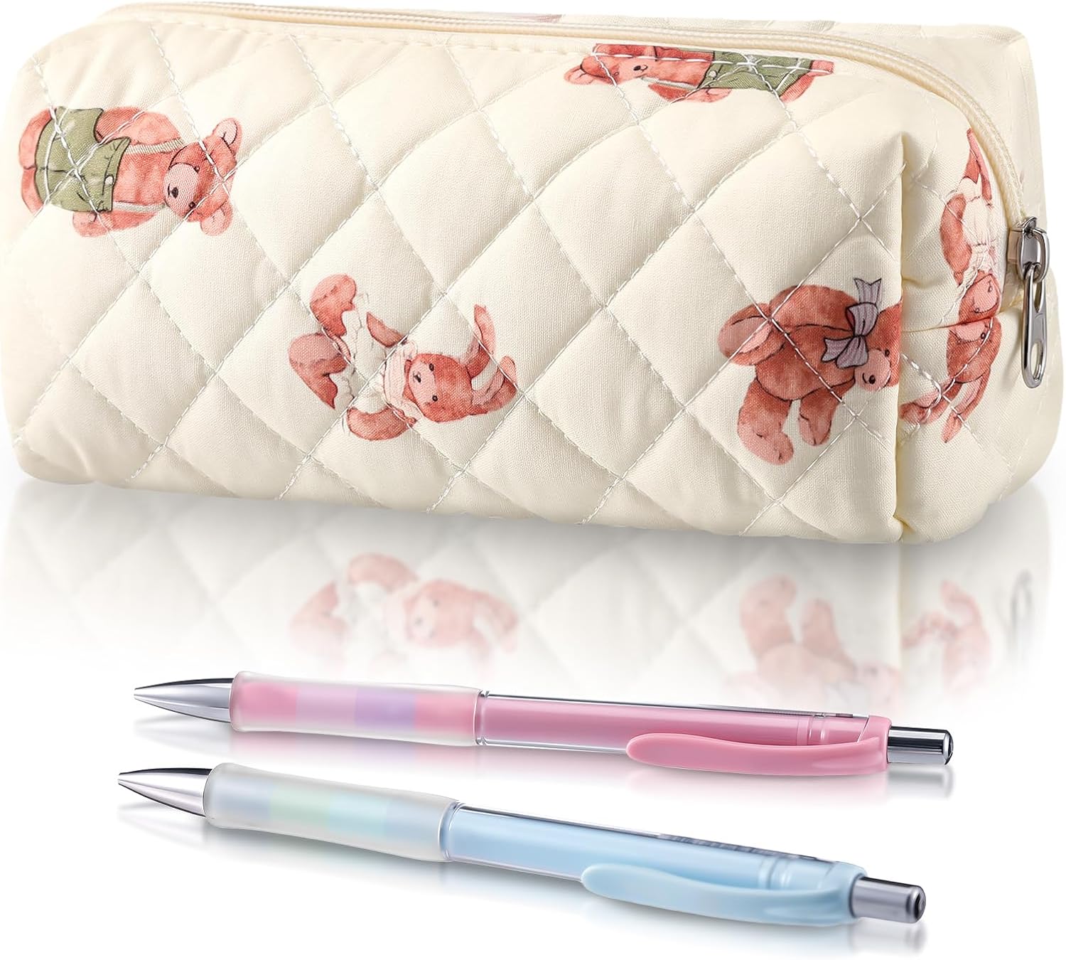 Sherr Bear Pencil Case Beige Cute Pencil Pouch Soft Cotton Quilted Storage Bag Aesthetic Pattern Gift Makeup Pouch Cosmetic Travel Bag for Women