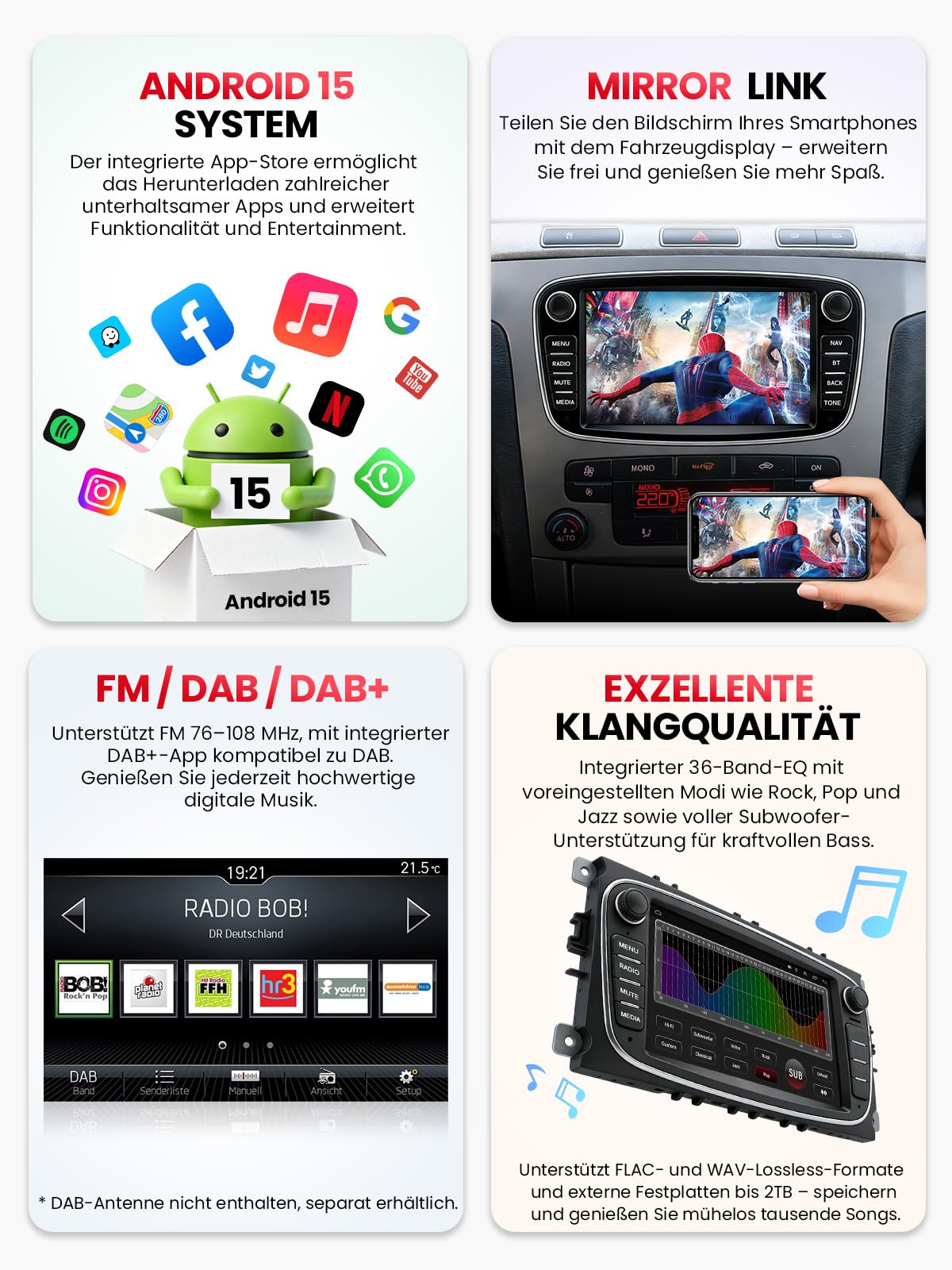 Doppel DIN Autoradio mit Bildschirm für Ford Mondeo Focus S-Max Galaxy, Wireless CarPlay & Android Auto, 7" Auto Radio Touch Display, 4GB+64GB, Bluetooth 5GHz WiFi DAB+ FM AUX GPS