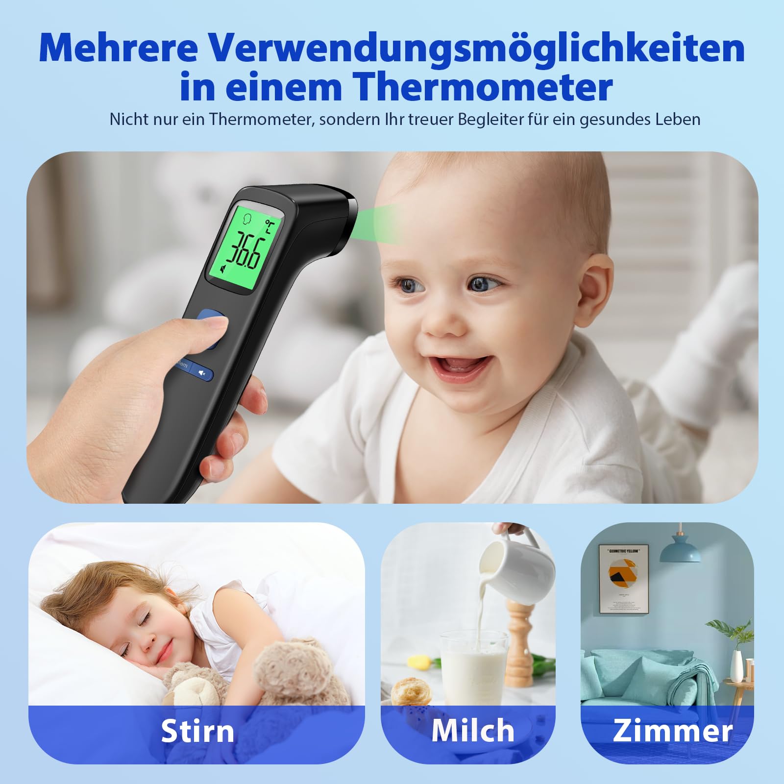 Fieberthermometer Kontaktloses Stirnthermometer, digitales Infrarot-Thermometer für Babys und Erwachsene mit sofortiger Messgenauigkeit und Fieberalarm, Schwarz