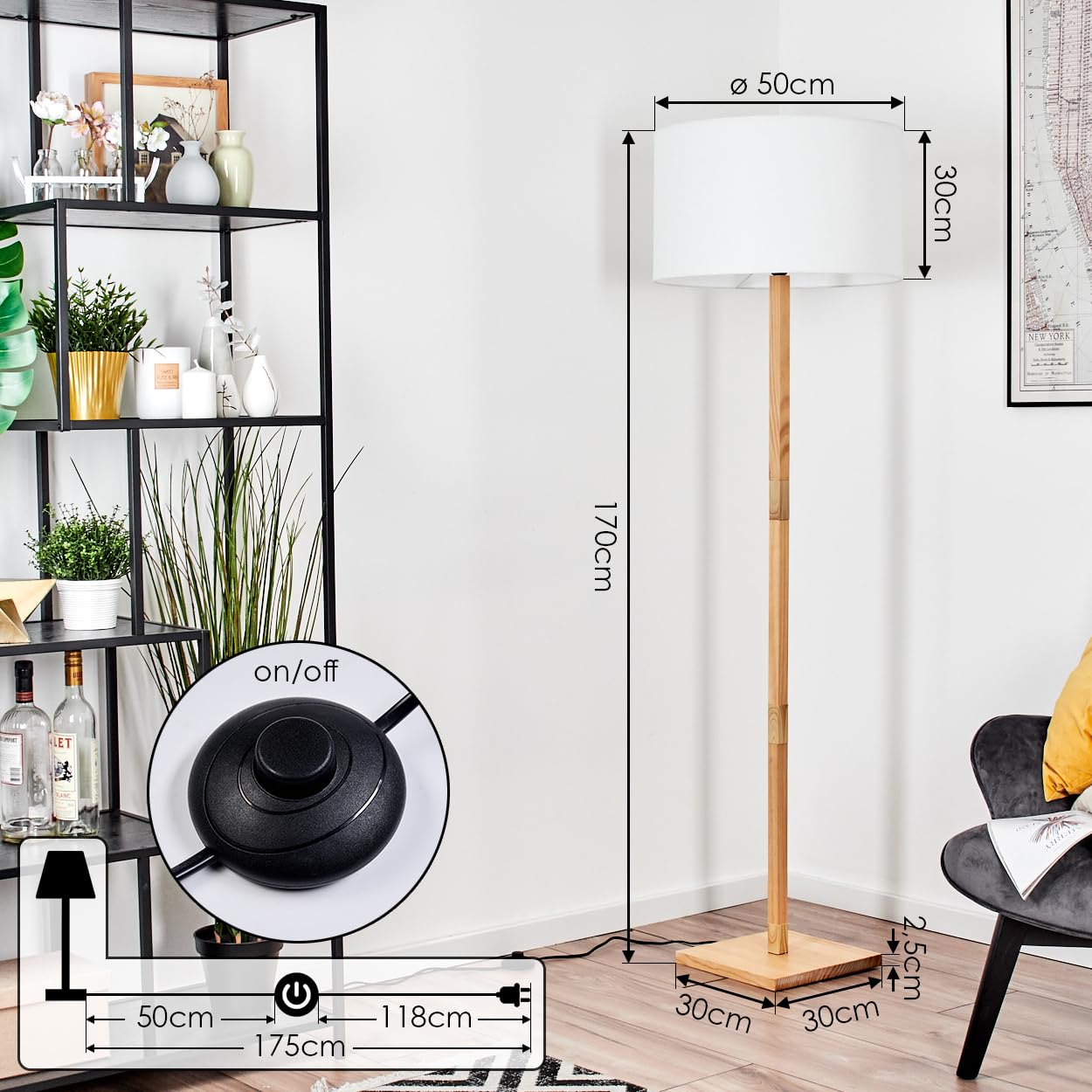 HOFSTEIN Stehleuchte Flemming, Stehlampe aus Holz im modernen Boho-Design, Schirm aus Stoff, Ø 50 cm, 170 cm, E27, mit Fußschalter - Wohnzimmer, Schlafzimmer, Esszimmer, Flur