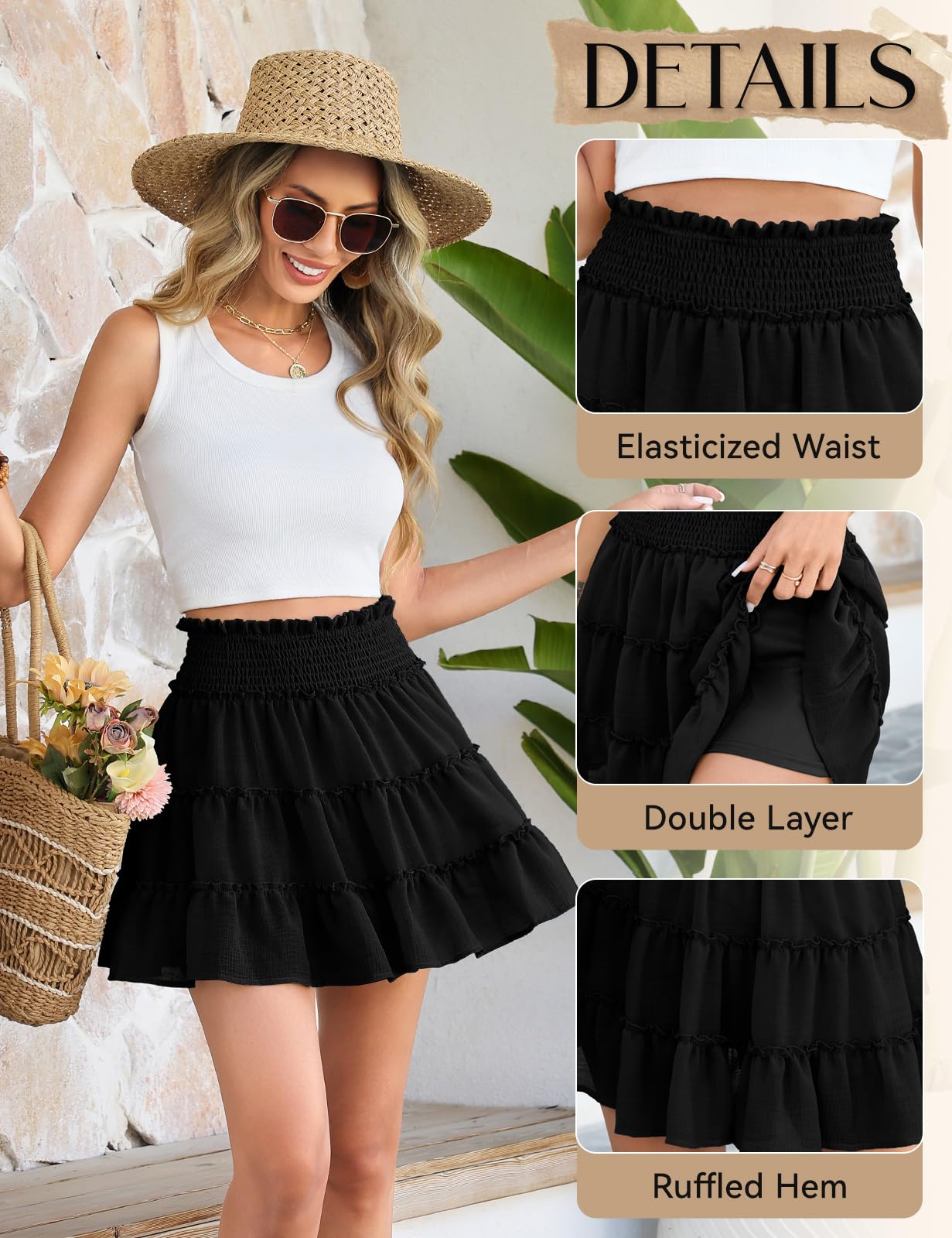 Faldas Mujer Verano Mini Cintura Alta Elástica Corta Falda de Playa con Short Forro