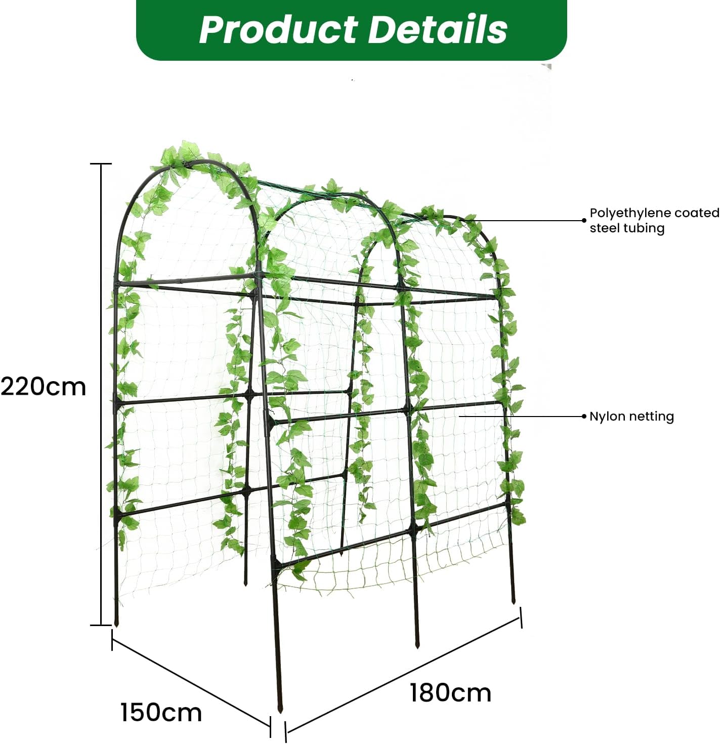 PKBD Tall Garden Arch Trellis for Climbing Plants Outdoor, 7 ft Tall Polyethylene-Coated Stainless Steel Garden Arch for Climbing Vine Vegetable/Fruit/Flower, Cucumber Trellis for Raised Bed, Black