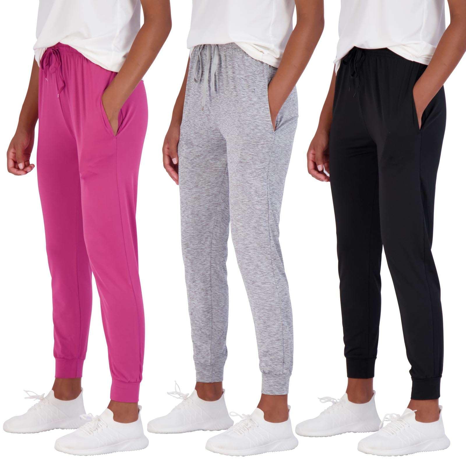 Real Essentials3 Pack: Women's Ultra-Soft Silky Dry Fit Lounge Joggers Lightweight Dry-Fit Pants with Pockets (Available in Plus)