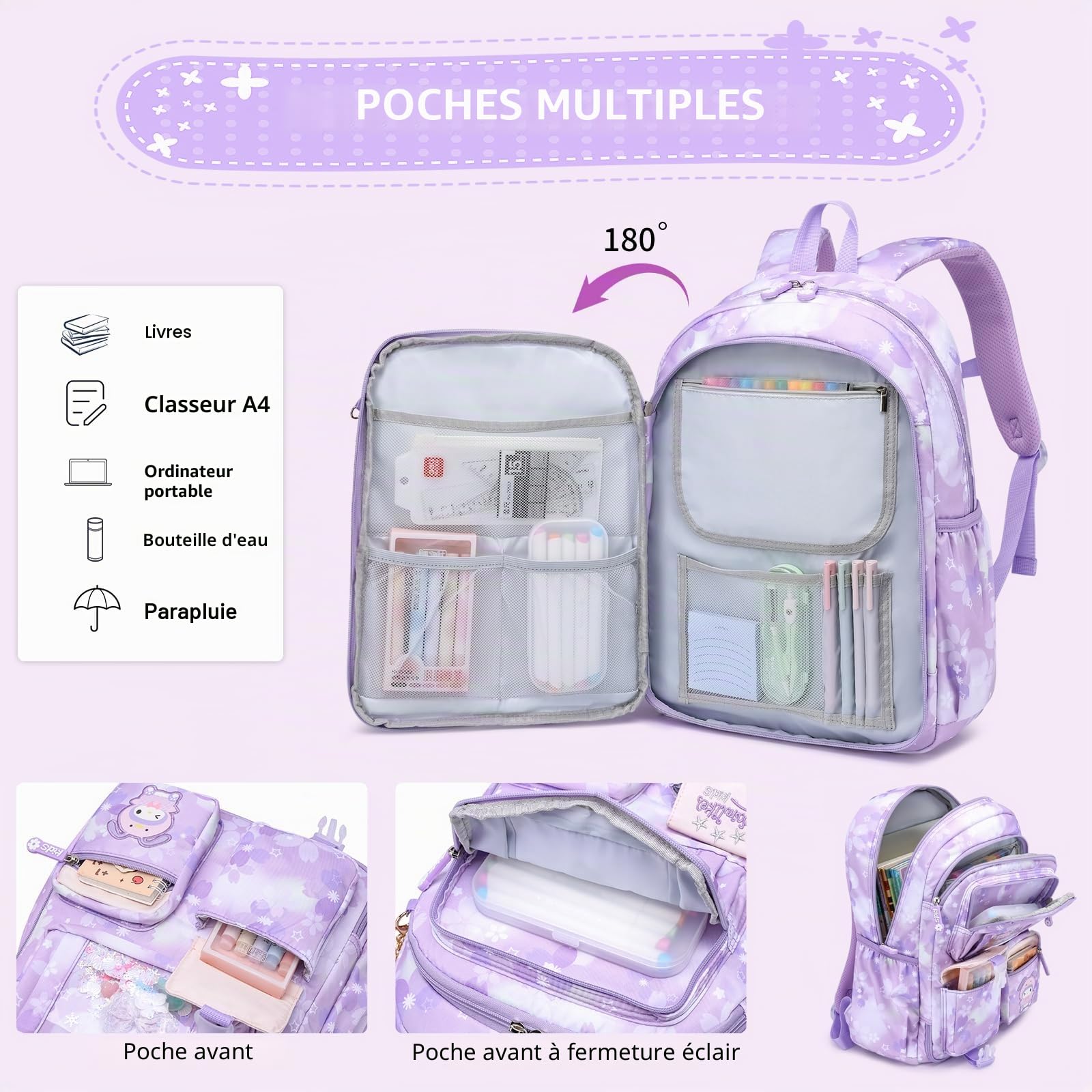 KEBEIXUAN Cartable Fille Primaire Kawaii, Sac à Dos Scolaire Léger et Résistant à l'Eau pour Filles 6-10 Ans (CP au CM2), Grande Capacité avec Accessoires, Idéal École et Loisirs (Violet)