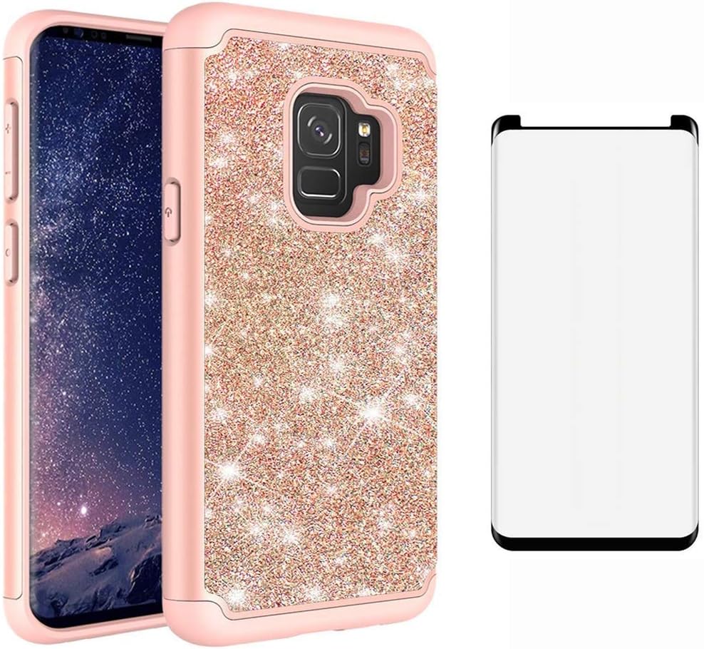 Phone Case for Samsung Galaxy S9 with Tempered Glass Screen Protector Cover and Bling Glitter Slim Hard Hybrid Rubber Silicone Cell Accessories Glaxay S 9 Edge 9S GS9 Cases Women Girls Pink Rose Gold