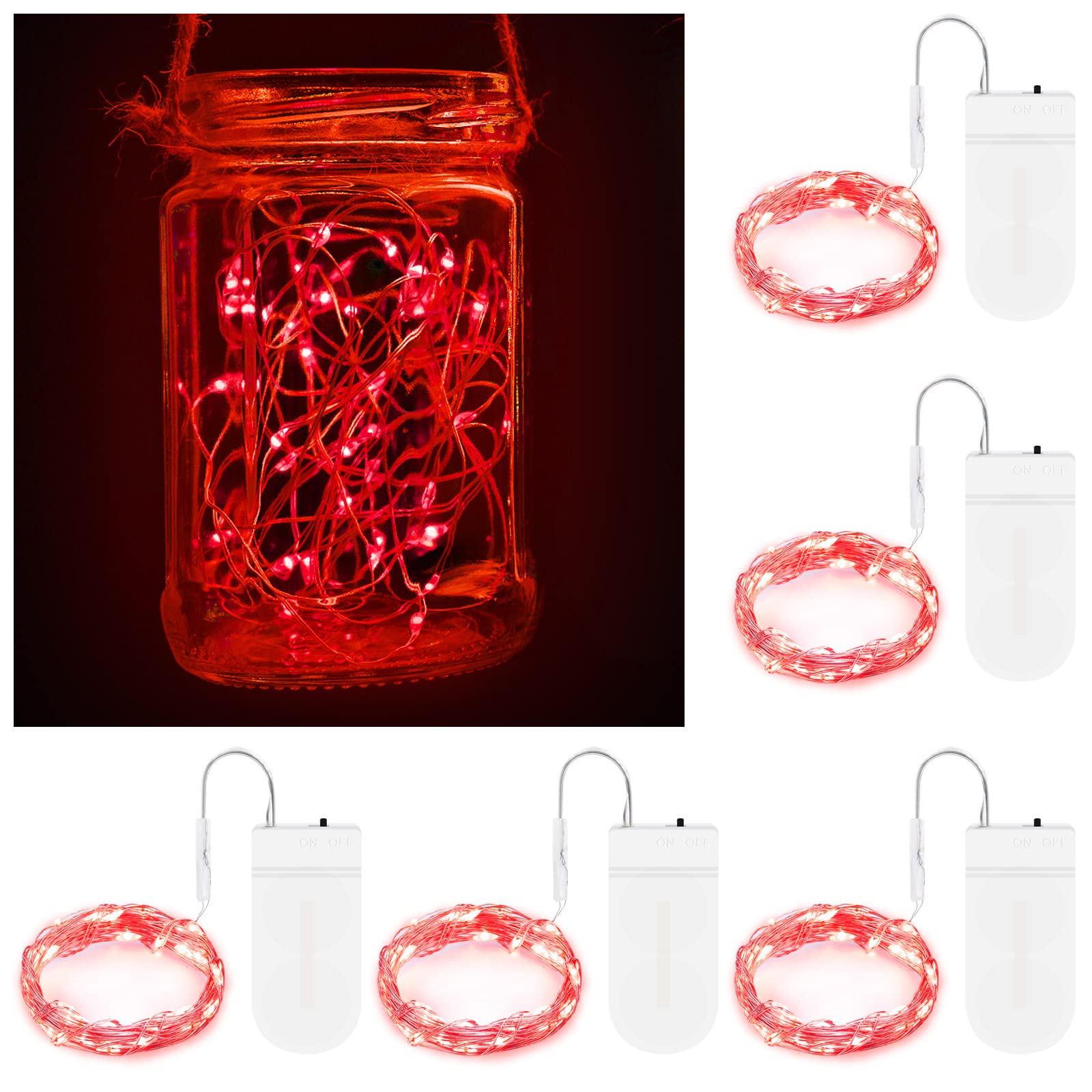 BROTOU LED String Lights, 2M 20 LED Battery Operated Fairy Lights, Waterproof Silver Plated Copper Wire Lights for in/Outdoor Decor, Christmas, Halloween, Valentine, Birthday (Red, 5 Pack) — image 1