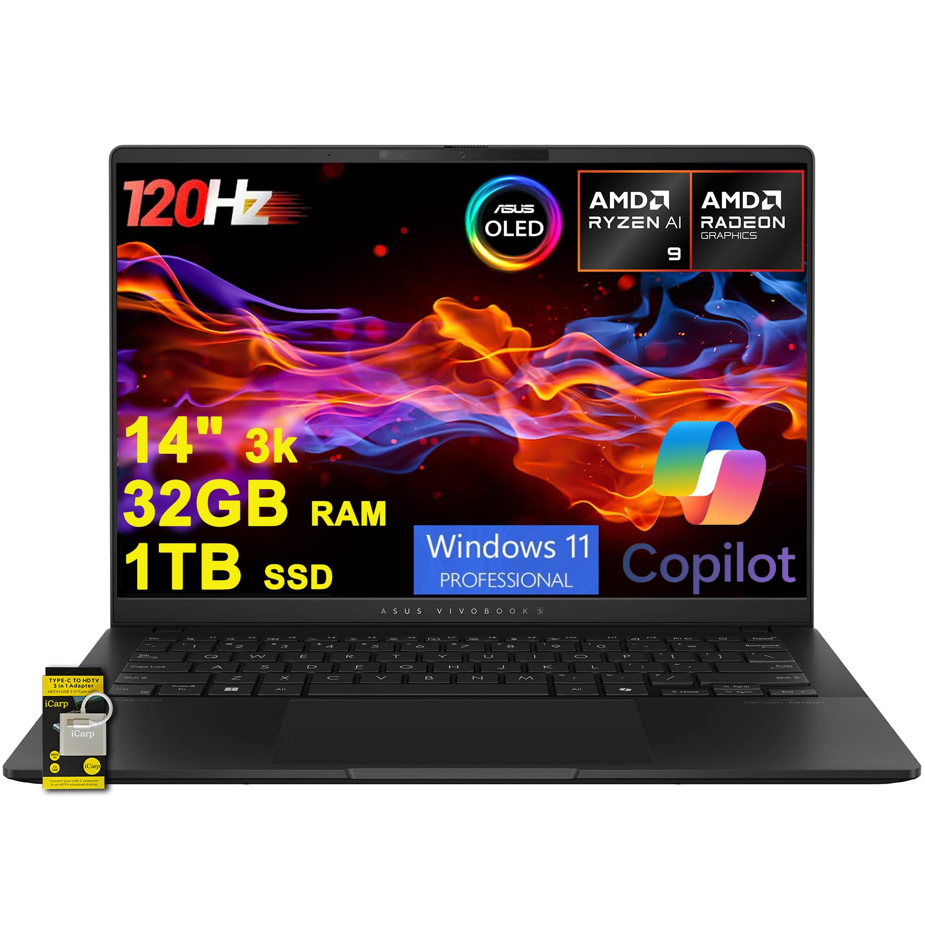 ASUSVivobook S 14 Laptop 14" 2880x1800 OLED 120Hz (600nits HDR) AMD 10-core Ryzen AI 9 365 (Up to 50 Tops) 32GB RAM 1TB SSD for Creator Designer Business Professional Win11Pro ICP Hub/Copilot+ AI PC