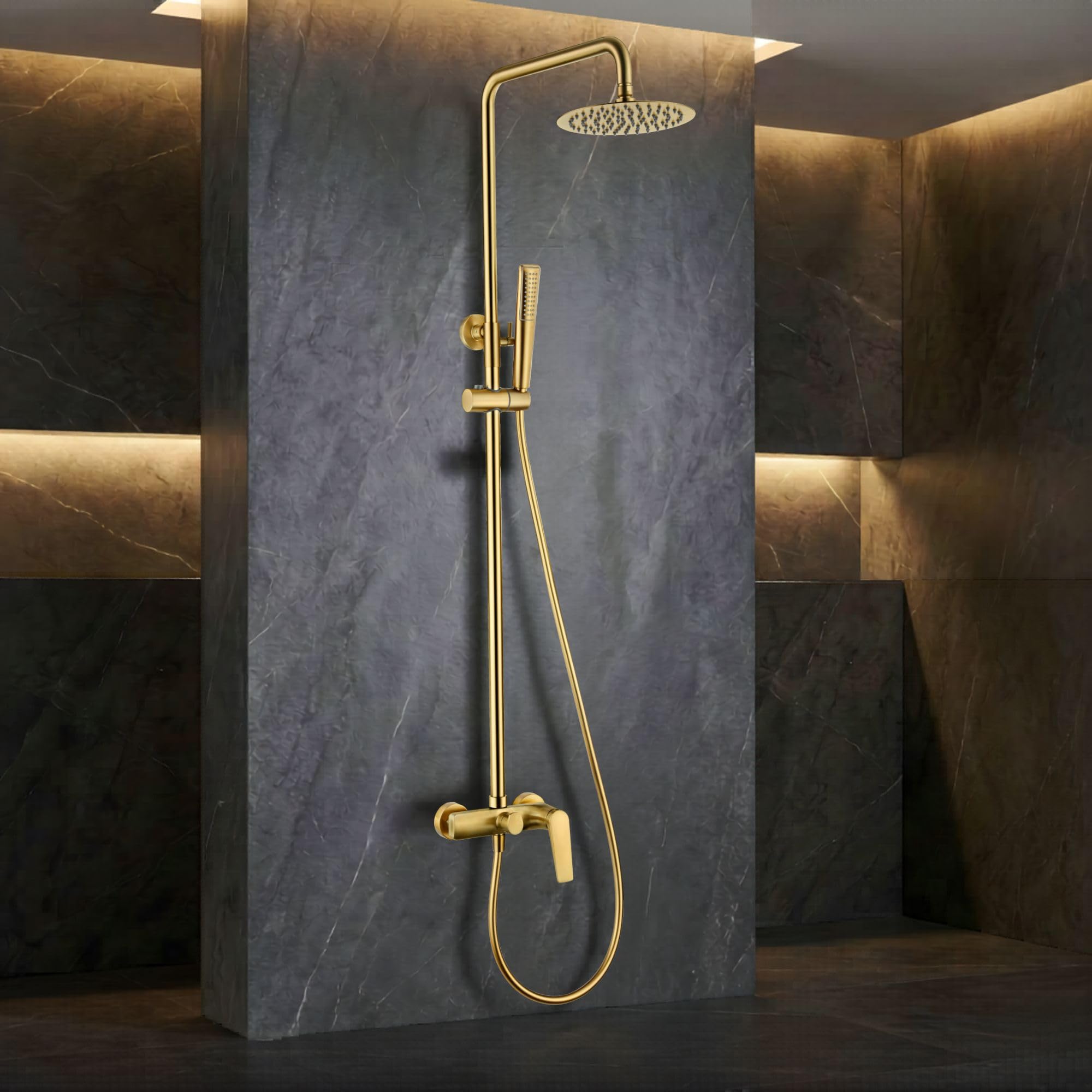 IMEX - Columna Ducha Oro Cepillado con Grifo | Conjunto de Ducha Monomando con Alcachofa y Rociador Antical | Griferia en Latón y Acero Inox S.304 con Barra Extensible | Serie Delos