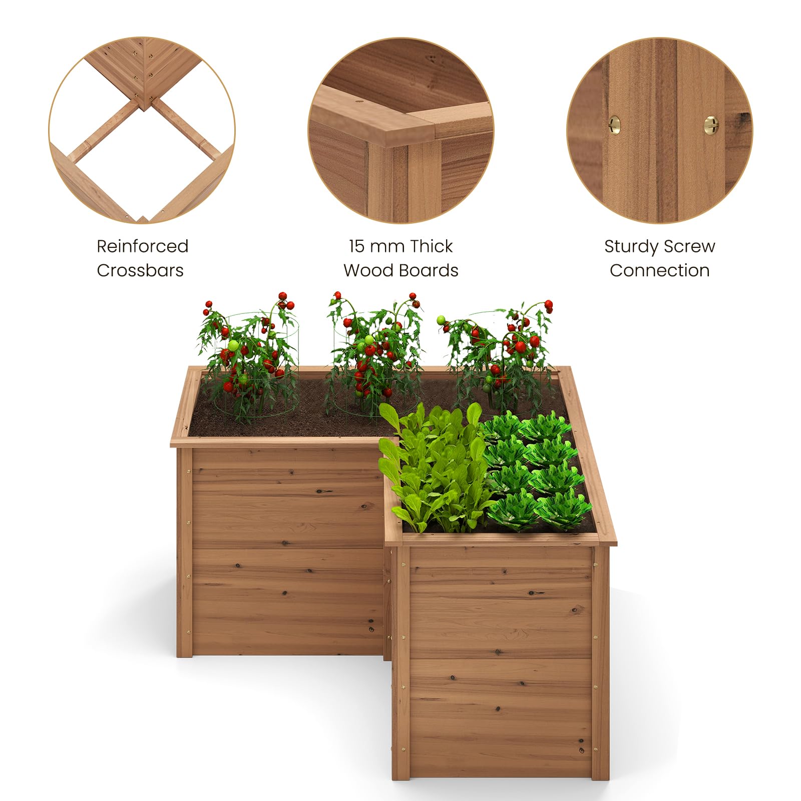 HOMASIS Orto Rialzato da Esterno per Giardino in Legno a Forma di L, Fioriera Rialzata con Fondo Aperto, Vaso per Piante da Giardino, Balcone o Terrazza, Letto per Fiori, Verdure, Erbe (Marrone)