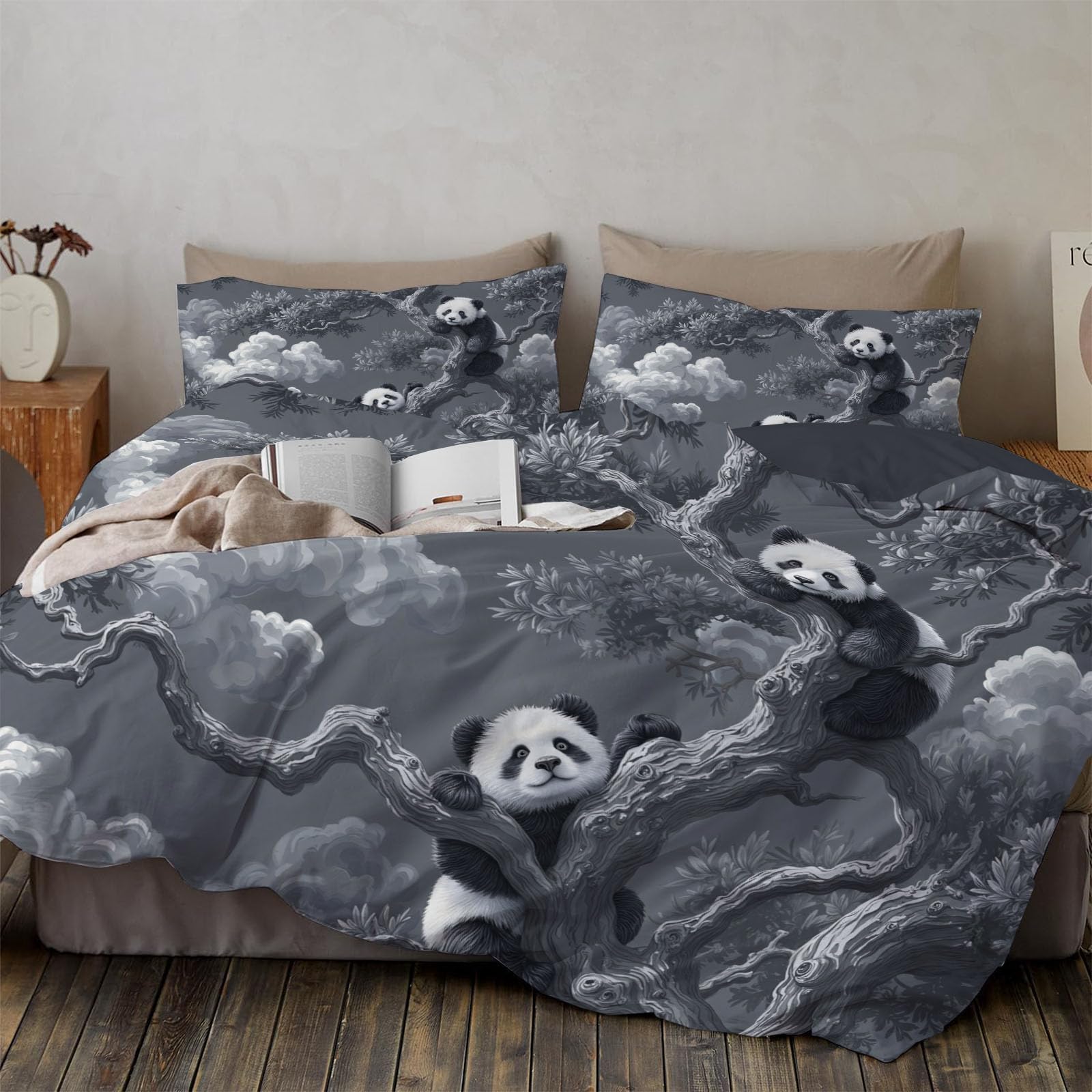 Parure de Lit 3 Pièces Pandas Housse de Couette 240x260cm Enfant pour une Chambre Déco Animaux